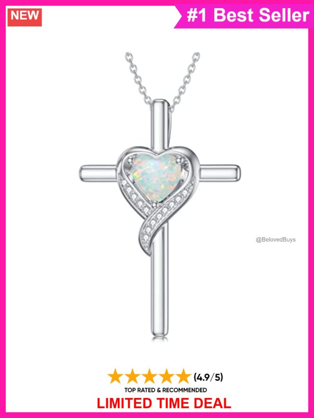 925 Sterling Silver Opal Heart Cross Pendant Necklace 18+2in Cable Chain